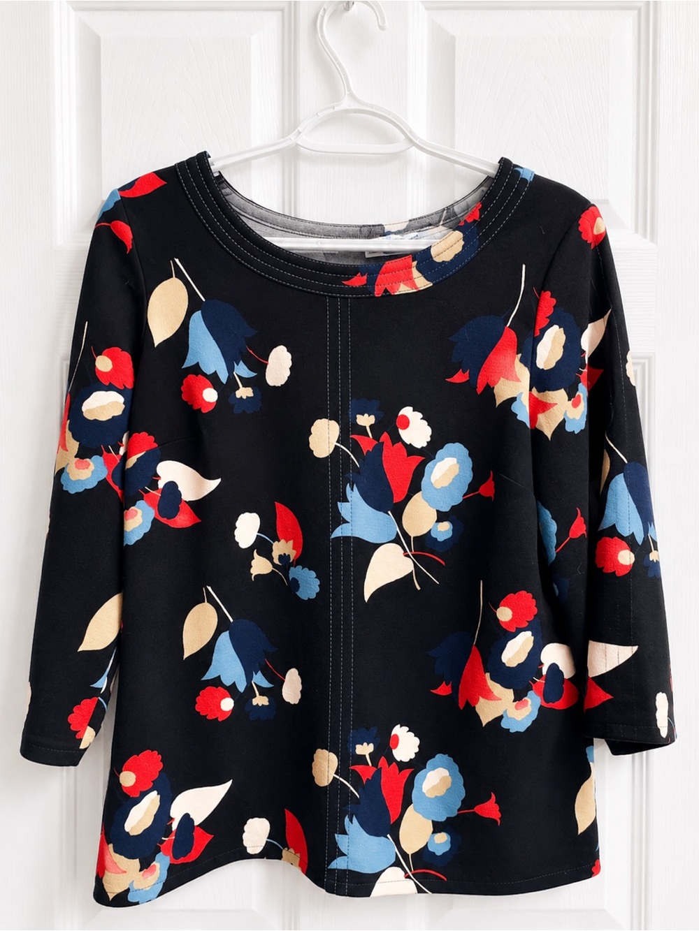 “Vintage” Boden Black Floral Top with Red, Blue & Cream Blooms